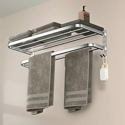 DDS-DUDES Bathroom Towel Rack Towel Shelf Rail with Double Towel Bars Lavatory Wall Mounted Holder with Hooks Stainless Steel Hotel Bath Rack 23