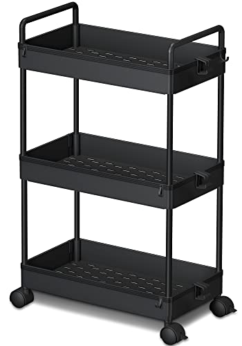 Ronlap 3 Tier Multi-Purpose Storage Trolley, Mobile Shelving Unit with Handle Hook Lock Wheels, Rolling Utility Trolley Slide Out Storage Organiz