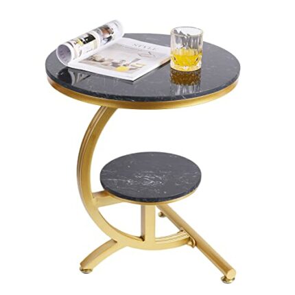 suruim Luxury Marble Round Coffee Table Sofa Side Table Corner Table Living Room Sofa End Bedside Table Outdoor Indoor Furniture (Gold+Black)
