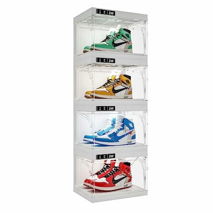 ANTBOX Shoe Organizer LED Smart Control,Auto-Shoe Boxes Clear Plastic Stackable for Sneaker Display Case and Collection Crate,Auto-Opening Shoe S