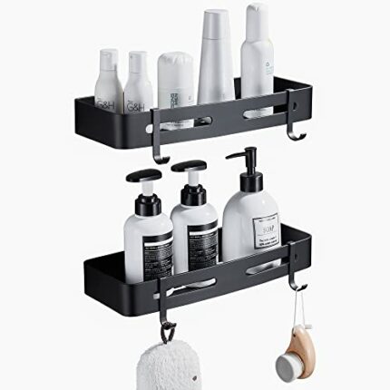GERUIKE Shower Shelf No Drilling Bathroom Shelf Black Shower Basket Adhesive Shower Caddy Shelf Wall Mounted - 2 Pack Shower Organiser Rack with