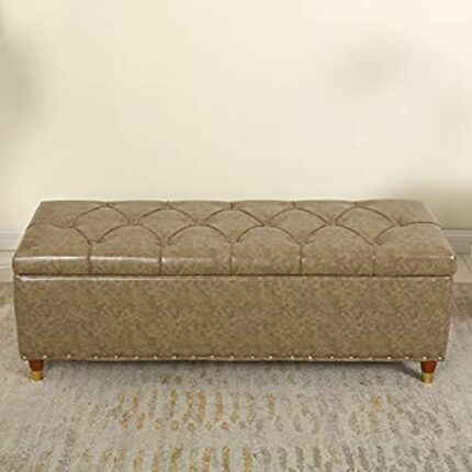 Button-Tufted Leather Storage Bench,Space-Saving Entryway Bench For Living Room Bedroom End Of Bed,Rectangle Upholstered,Light Brown,60X40X45Cm