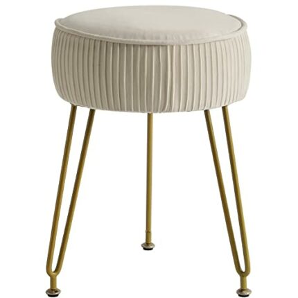 IBUYKE Velvet Round Footrest Stool, Makeup Vanity Stool Side Table, Velvet Dressing Table Seat, Pouf Couch Stool, Golden Steel Legs, Creamy-White