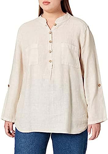 Bonateks, Buttoned Tunisian Collar Blouse with Front Pockets, 100% Linen, UK Size: 12, US Size: XL, Tops, Linen - Made in Italy, White, 14