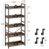 Rolanstar Bookshelf 5 Tier with 4 Hooks, Industrial Wood Bookcase, Vintage Storage Rack with Open Shelves, Rustic Standing Bookshelves Display Ra