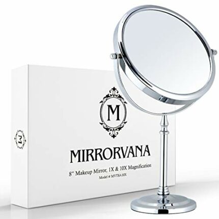 MIRRORVANA Large 10X Magnifying Makeup Mirror on Stand for Bedroom and Bathroom, Classic Free Standing Round Table Mirror with Double Sided 10X/1