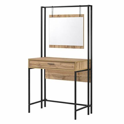 Heartlands Furniture Michigan Dressing Table with Mirror/Dresser 1 Drawer with Mirror 838W x 400D x 1500H / Oak Effect/Black Metal Frame