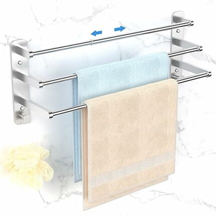 Otoomenz Towel Rail Wall Mounted 3-Tier Bath Towel Rack, 2 Installation Methods Adjustable 35.5-70cm Towel Holder, SUS 304 Stainless Steel Towel