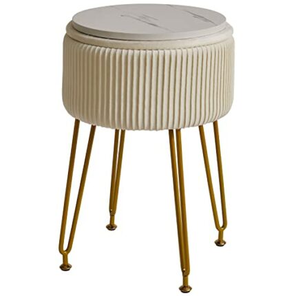 IBUYKE Velvet Storage Footrest Stool Ottoman, Makeup Vanity Stool Side Table with Golden Steel Legs Removable Cover, Coffee Table Top Cover, Crea