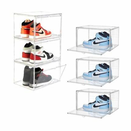 MECC 6 Pack Shoe Boxes, 360° Clear Transparent Stackable Shoe Box with Lids，14.5x11x7.8in Acrylic Sneaker Storage Organizer,Large Display Case Co