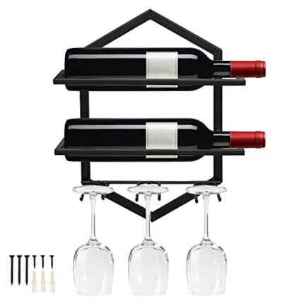 Giyiprpi Wall Mounted Wine Stemware Rack, Metal Hanging Wine Glass Display Holde Holds 3 Cups 2 Bottles, Elegant Storage for Kitchen Dining Room