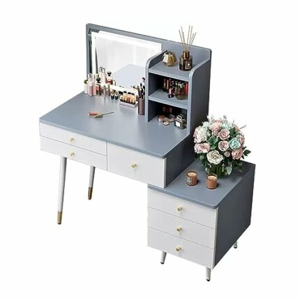HAWEWE Extendable Makeup Vanity Desk With 3 Brightness Adjustable Lighted Mirror Modern Dressing Table With Cabinet For Girls Wife Daughter Bedro