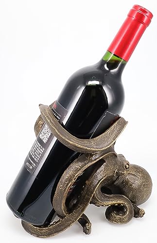 Top Brass Octopus Wine Bottle Holder - Tabletop Bar Counter Decorative Nautical Art Display - Kraken Statue Sculpture