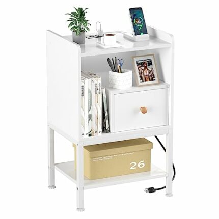 Gannyfer Nightstand with Charging Station,Night Stand with USB Ports and Storage Drawer,Modern 3-Tier End Side Table,Small Wood Bedside Table for