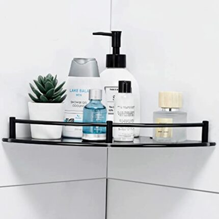 Halyuhn Glass Bathroom Shelf with Stainless Steel Rail, Black Glass Corner Shower Shelf, Wall Mount Drill Hole Shower Caddy Organizer, Bathroom S