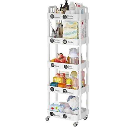 Dttwacoyh,5 Tier Utility Cart, Mobile Rolling Trolley on Wheels, Storage Cart for Kitchen, Bathroom, Office, Laundry, Makeup, White
