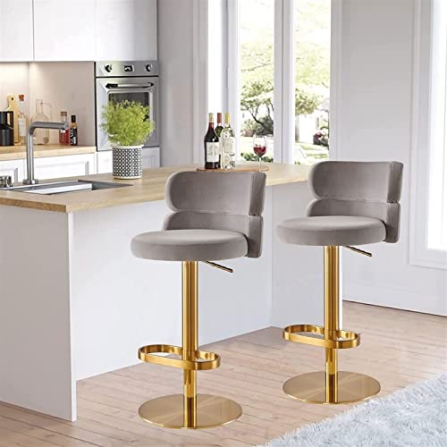 ADEADE Grey Set of 2 Swivel Velvet Counter Barstools Adjustable Height Backrest Bar Stools with Backrest Gold Legs Round Upholstered Seat for Kit