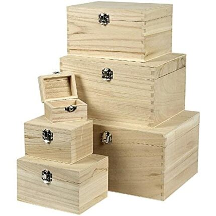 Creativ Wooden Square Box Set with Metal Clasp Hinged Lid 1, Set of 6