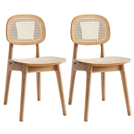 Solid Wood Dining Chairs Set of 2, Mid Century Modern Dining Room Chairs Rattan Linen Kitchen Chairs Armless Side Chairs with Wood Frame Rattan B