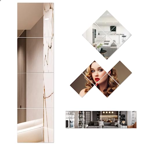 Full Body Wall Mirrors, 11.81x11.81 Inch 4pcs Acrylic Plexiglass Mirror Wall Mounted Full Length Frameless Mirror Makeup Large Long Mirror for Wa