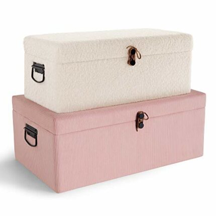 Beautify Storage Trunks Chest Set of 2 Ottoman Storage Boxes For Bedroom, Living Room, Dressing Room, Hallway in Pink & White Corduroy Faux Shear