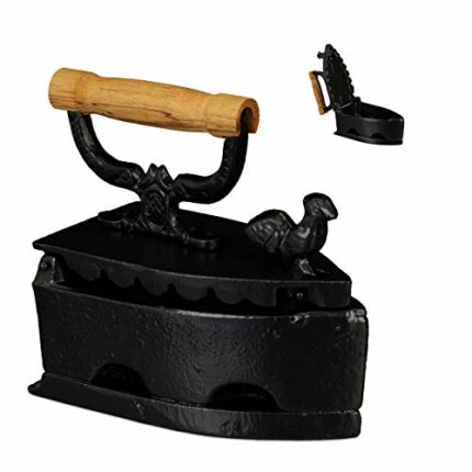 Relaxdays Ornament Flat, Antique Look, Sad Wooden Handle, Vintage, Cast Iron, Black, 18 x 19 x 9 cm