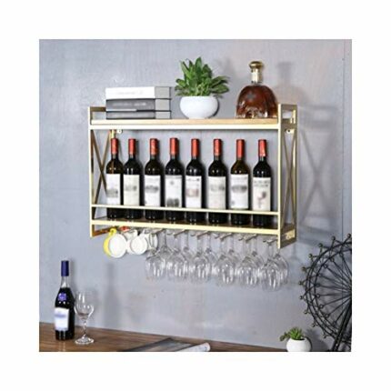 PIBM Wood Wine Rack Wine Glass Storage Shelf Wrought Iron Upside down Display Stand Home Bar Decor J1029, Gold , 60X20X52CM