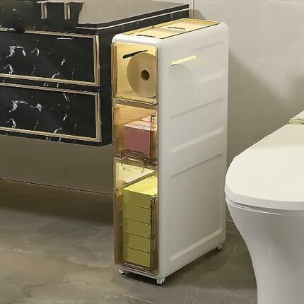 Tall Narrow Bathroom Floor Cabinet, Upgrade Thickness Plastic Toilet Side Storage Cabinet with Clear Drawers and Casters Narrow Dresser Tower for