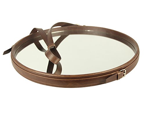 Round Hanging Wall Mirror Circle Mirror with PU Leather Strap Silver and Frame Hardware Hanger/Hook (Brown, 19.7inchs)