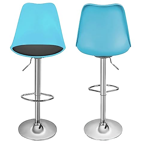 MoNiBloom Set of 2 Modern Blue PU Leather Bar Stools, Height Adjustable Plastic Barstools with Comfortable Cushion, 360° Swivel High Back Bar Cha