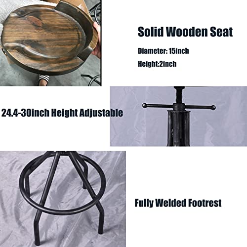 Set of 2 Bar Stools | Industrial Vintage Style | Swivel Wooden Seat | Counter Height Adjustable 24-28inch | with Mini Backrest
