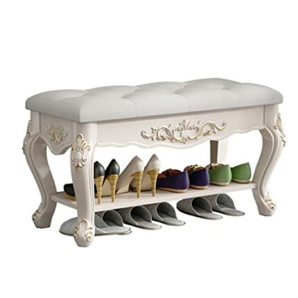 Upholstered PU Seating Bench, Rectangular Entryway Bench with Wood Legs, Entryway Storage Bench with Shelf, Shoes Rack Bench for Entryway Hallway