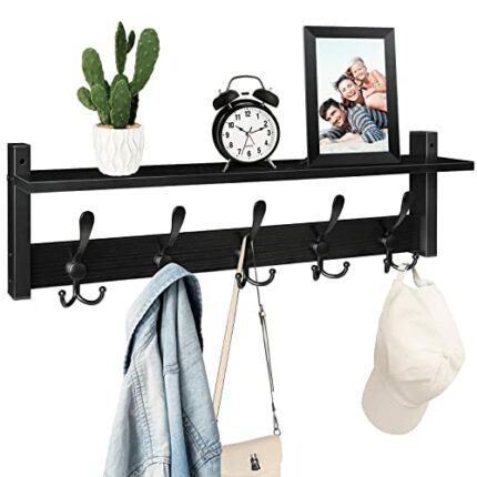 Homode Coat Rack with Shelf, 24" Coat Hooks Wall Mounted with Shelf, Wooden Hanging Coat Hanger with Tri Hooks for Entryway, Bathroom, Mudroom, B