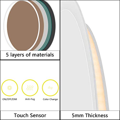 ICYWANG Bathroom LED Mirror Round 60cm Lighted Illuminated Backlit Light Up Mirror with Touch Switch Color Change Anti-Fog Wall Mounted