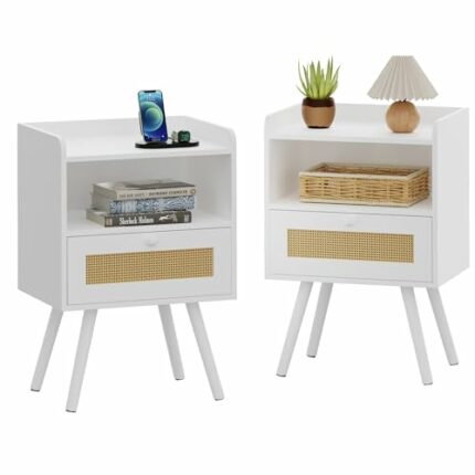 SUPERJARE Nightstands Set of 2, Bedside Tables with PE Rattan Drawers, Rattan Side Table with Storage & Solid Wood Feet, End Table for Bedroom, W