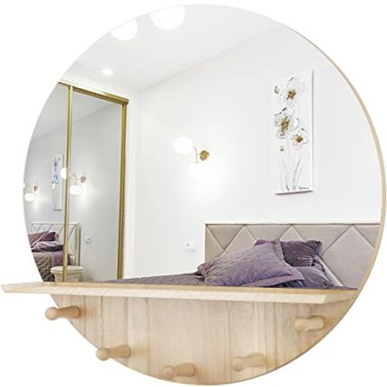 JJUUYOU 50cm Round Mirror, Wooden Mirror Circle Hanging Wall Mirror, Shelf and Hooks Home Decorative Vanity Mirror for Bathroom, Dressing Room &
