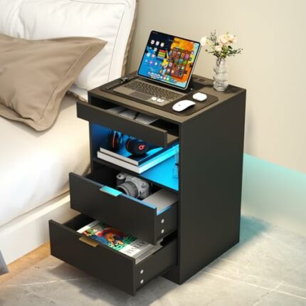 Gadroad LED Nightstand White Nightstand with Charging Station, Side Table with 2 Drawers and Light, Modern Bedroom End Table with Open Storage, S