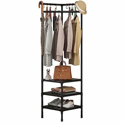 EAROND Corner Hall Tree,Freestanding Coat Rack with 3-Tier Clothing Shoes Storage and 10 Hooks for Entryway,Hallway,Bedroom,Bathroom,Living Room,
