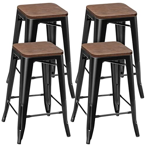 LUKEO Set Of 4 Counter Height Backless Barstool 26'' Metal Stackable Stool W/Wood Seat