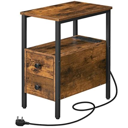 HOOBRO Side Table, Narrow Bedside Table with Charging Station, USB Ports & Power Outlets, Slim Side Table for Small Spaces, 2 Drawers, Industrial