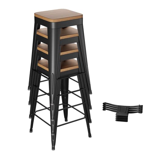 POINTANT Bar Stools Set of 4 Metal Bar Stool Counter Height Bar Stools 26" Black Modern Bar Chairs with Back and Wooden Seat Bar Stools Counter H
