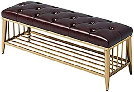 Entryway Shoe Bench With Pu Leather Seat,Premium Shoe Rack Bench Shoe Organizer Golden Shoe Shelf,Modern Entryway Bench,Brown,80X35X45Cm