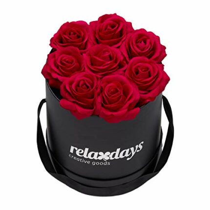 Relaxdays Round Flowerbox with 8 Faux Roses, Black Box, Last 10 Years, Gift, Decorative Bouquet, Red, 17 x 17 x 17 cm