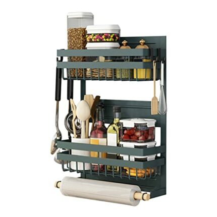Redwestmelon Magnetic Fridge Spice Rack 3 Tier Kitchen Condiment Seasoning Storage Organizer Shelf, Refrigerator Side Rack with Paper Towel Holde