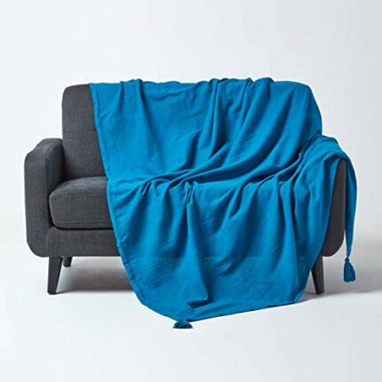 HOMESCAPES - Rajput Ribbed Throw 100 x 140 Inches Teal 100% Cotton, Suitable for most 3 Seater Sofas or Double, King bedspreads, Easy care, washa