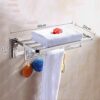 Wall Mounted Bath Towel Rack Bathroom Shelves with Hooks, Multifunctional Foldable Wall Mounted Double Storage Holder, Polished 304 Stainless Ste