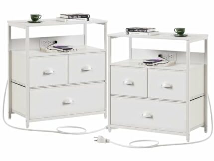 Furnulem Nightstand Set of 2, End Table with Charging Station, Industrial Bedside Tables with USB Ports & Power Outlets, 3 Fabric Drawer Dresser