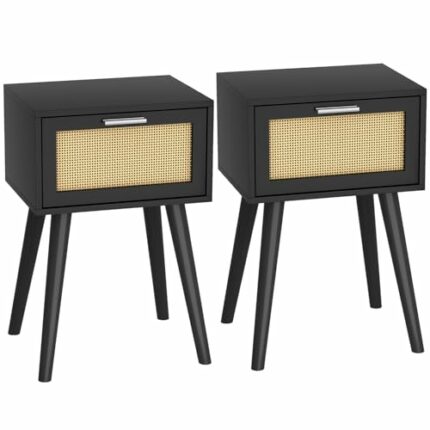 LAATOOREE Nightstand Set of 2, Small End Table with Rattan Door, Bedside Table with Solid Wood Feet, Boho Side Table for Bedroom Living Room Smal