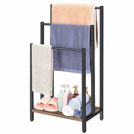 3 Tier Freestanding Towel Rack, Towel Rail Metal Ladder Towel Holder Drying Stand with 3 Towel Rails and Storage Shelf, Bathroom Accessories Orga