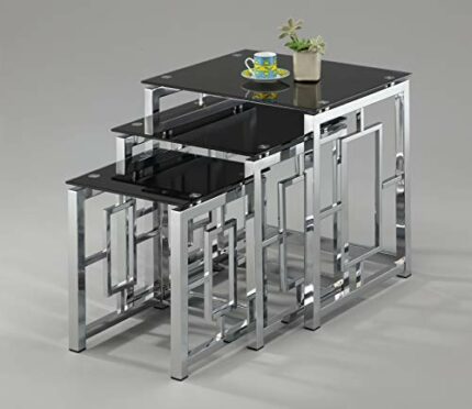ROYALE COMFORT Maya Contemporary Nest of Tables Glass 3 Clear Black Set Lamp End Side Tables (BLACK)